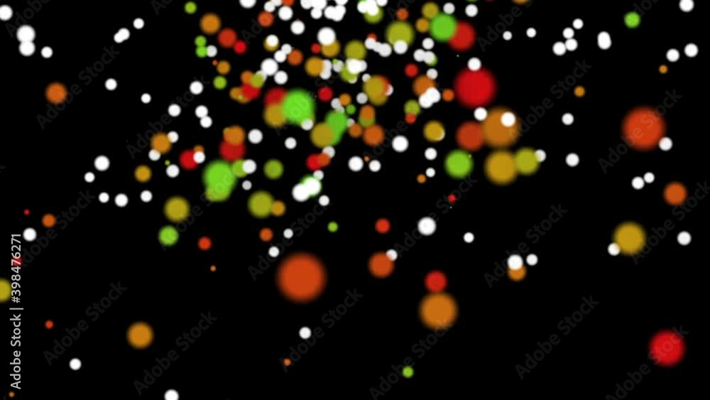 Abstract particles red, green, yellow, white in the form of balls of different diameters on a black background of outer space create a holiday atmosphere. New Year. Christmas. 3d illustration. Abstract particles red, green, yellow, white in the form of balls of different diameters on a black background of outer space create a holiday atmosphere. New Year. Christmas. 3d illustration.