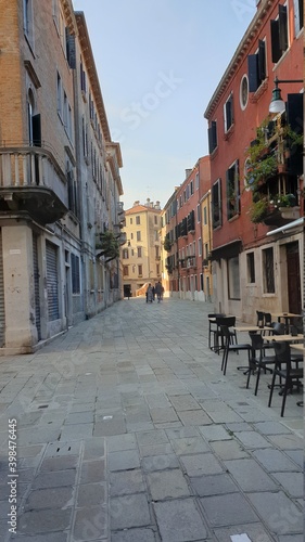 March 09, 2014: Facades of buildings on the Campo del Ghetto nuovo in the Ghetto district in Venice in Veneto, Ital