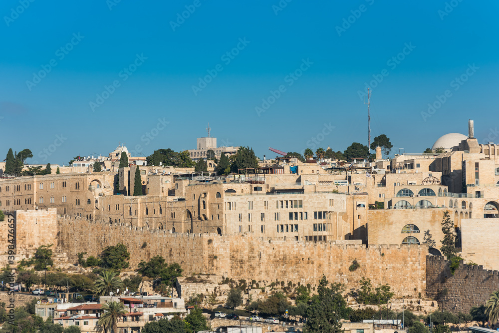 Historic buildings and skylines, and the wall of old city of Jerusalem on the top of Temple mount, View from Mount of Olives.