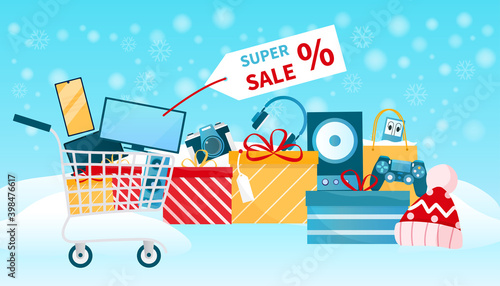 Shopping abstract concept. Christmas electronics sale lots of gifts boxes and shopping bags with electronic devices and gadgets. Flat cartoon vector illustration