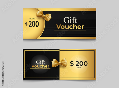 Gift voucher design template, with gold colored ribbon.