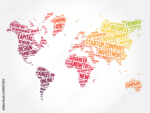Startup company word cloud in shape of world map, business concept background photo