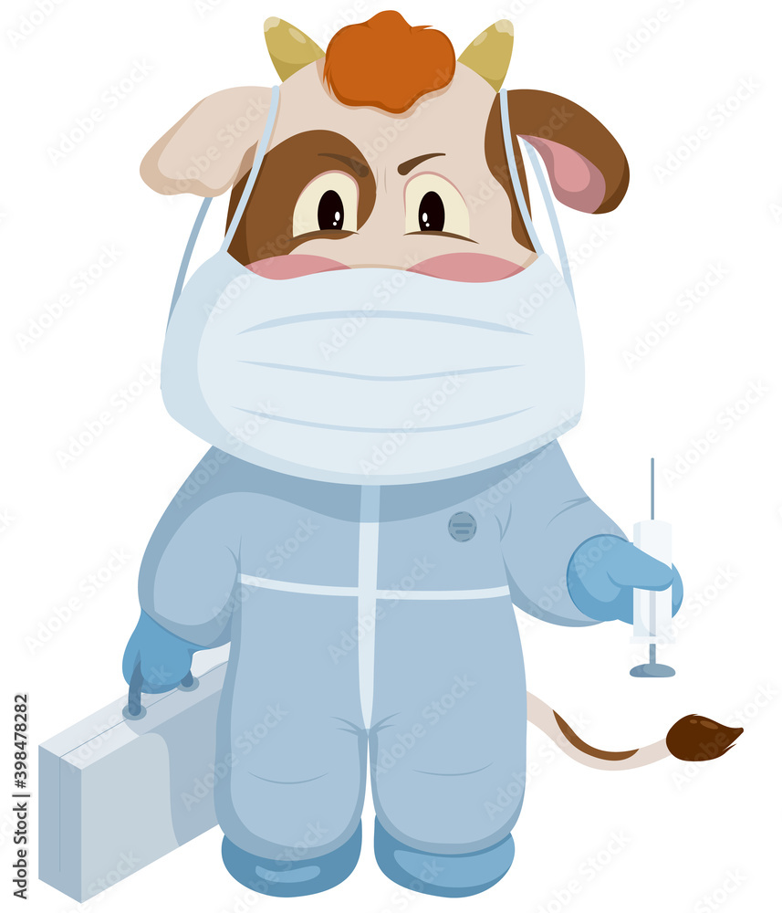 Naklejka premium Bull in a medical protective suit in a mask with a syringe in his hands on a transparent background