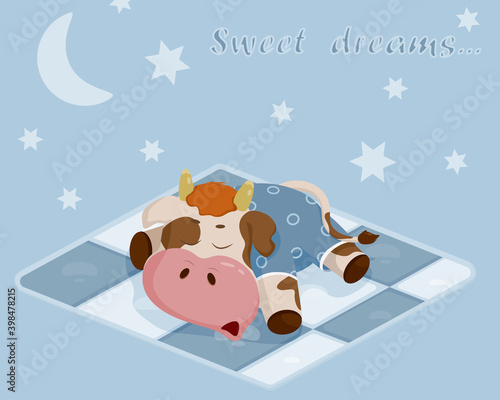 Illustration of a bull in pyjamas sleeping on a blanket.
Bull on a blue background with stars and a month with the inscription "sweet dreams".