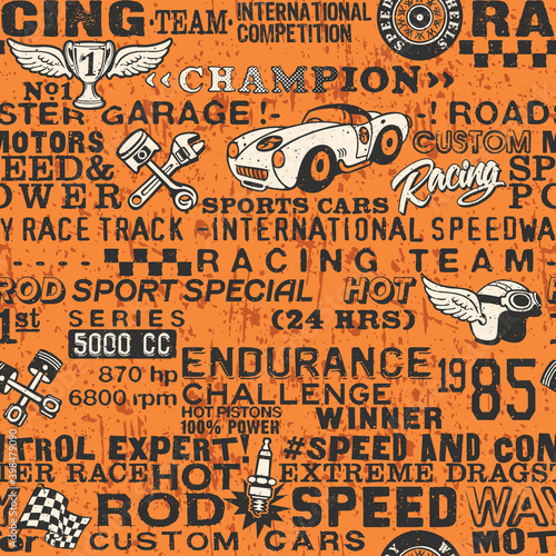 Cute speedway racing team elements wallpaper vintage vector seamless pattern for children wear