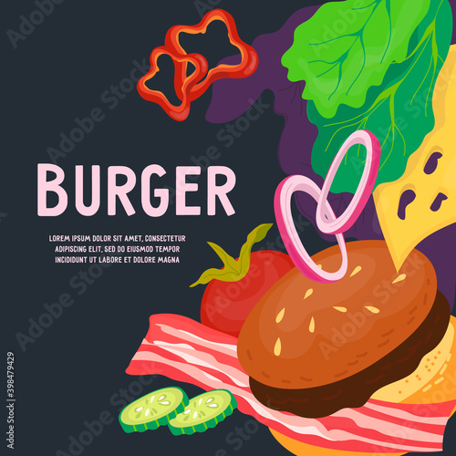 Banner or poster template with burger and food ingredients, flat vector illustration on dark background. Meat and vegetables for hamburger preparing in menu cover or card design.