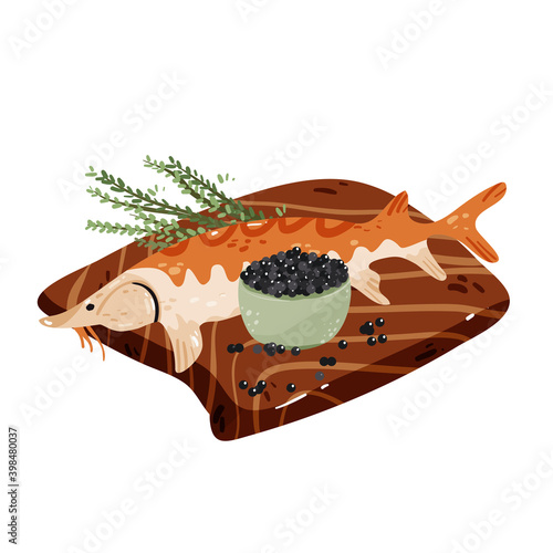 Black caviar isolated on white vector illustration. Cooking ingredient sturgeon design element. Delicatessen, premium, luxury food in cartoon style.