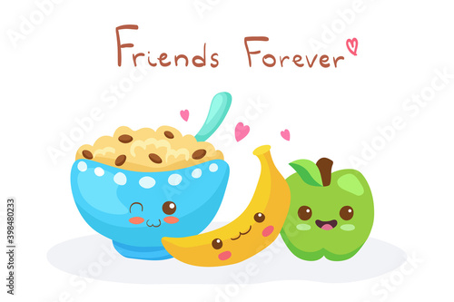 Kawaii funny breakfast characters - happy fruits and porridge. Cartoon vector illustration isolated on white background. Use for card, poster, web design, t-shirt print. Easy to edit. Vegan food.