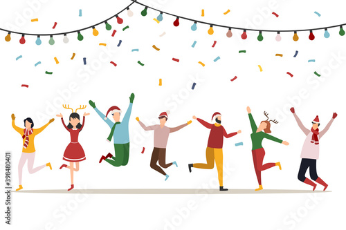 Happy people at a Christmas and New Year's corporate party. Positive men and women dancing and having fun. Set of modern vector characters.