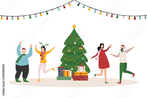 Happy people at a Christmas and New Year's corporate party. Positive men and women dancing and having fun. Set of modern vector characters.