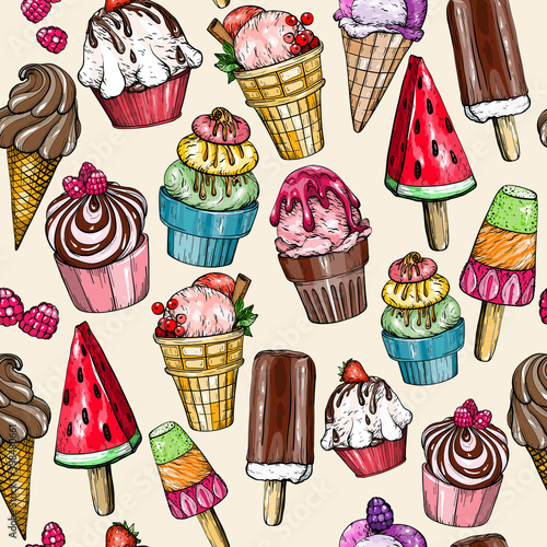 Seamless pattern with ice cream and sweet cupcake background