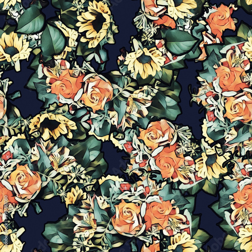 Sunflowers and roses seamless pattern.