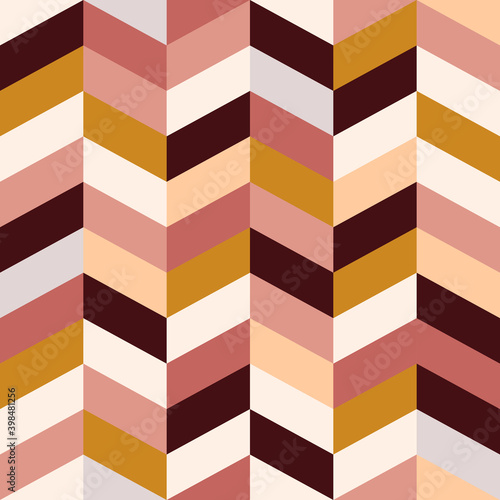 Seamless abstract boho tile pattern. Pastel nude background. Gold, burgundy, yellow, beige cell wallpaper, wrapping paper, textile, print. Chevron, zigzag in trendy colors. Vector parquet illustration