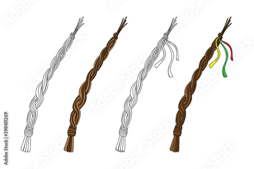 Hand drawn Easter decoration set - Pomlazka - Czech traditional Easter wicker willow whip decorated with and without ribbons. Vector stock illustration isolated on white background.