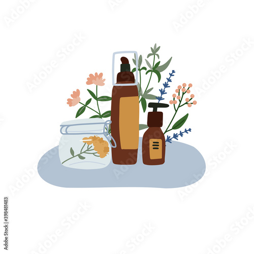 Organic cosmetic bottle, jar and tube. Herbal cosmetics print. Woman stuff, eco girls accessory concept. Natural face care products with leves and plants decor. Vector flat hand drawn illustration