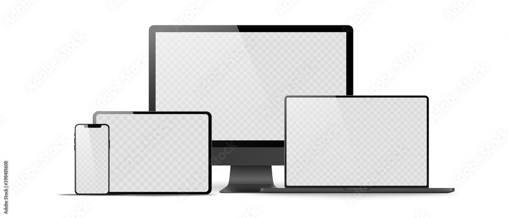 Set of realistic monitor, laptop, tablet, phone on a white background. Collection realistic devices in a imac, Macbook, ipad, iphone style Set of realistic monitor, laptop, tablet, phone on a white background. Collection realistic devices in a imac, Macbook, ipad, iphone style