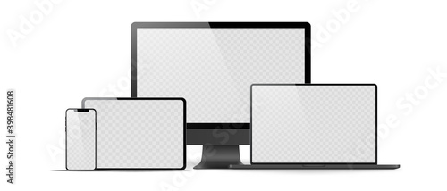 Set of realistic monitor, laptop, tablet, phone on a white background. Collection realistic devices in a imac, Macbook, ipad, iphone style