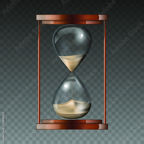 Hourglass isolated on transparent background. An hourglass is a device for measuring hours and minutes. Realistic clock. Vector illustration