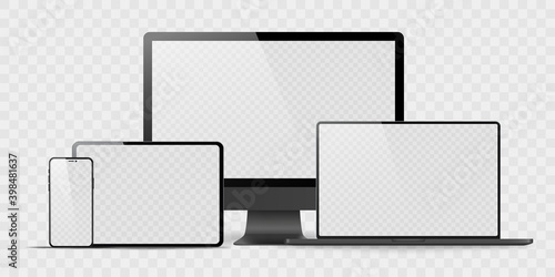 Set of realistic monitor, laptop, tablet, phone on a white background