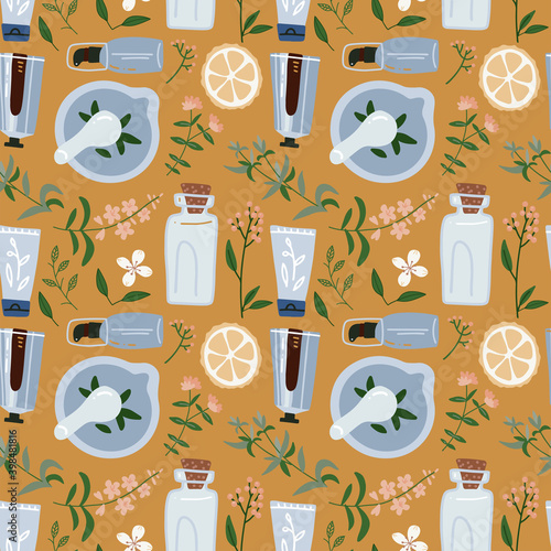 Seamless pattern with natural ingredients - branch, berries and flower. Cosmetic and medical plant. Mortar and pestle. Vector hand drawn illustration.