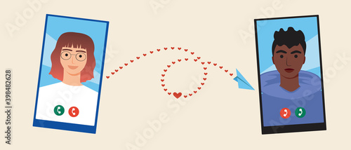 Multicultural couple and online relationship isolated, love messages, flat vector stock illustration with mobile phone