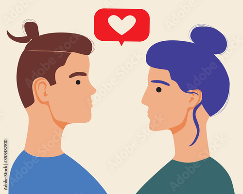Couple online isolated, young or adult man and woman, flat vector stock illustration, concept of online relationship, love, internet romance