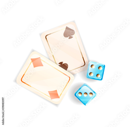 Two blue dice and two playing card, top view