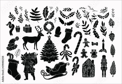 Christmas hand drawn vector illustration set. Festive holiday elements isolated hand drawn clipart christmas theme. sled, deer, santa, gifts and more. for graphic design projects and celebrations.
