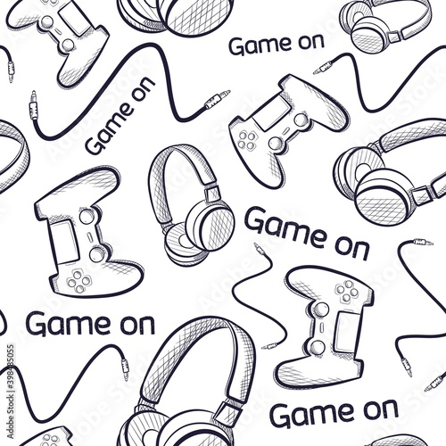 Geek seamless pattern with gamepads and headphones. Repetitive background with tech and hardware elements for gaming.