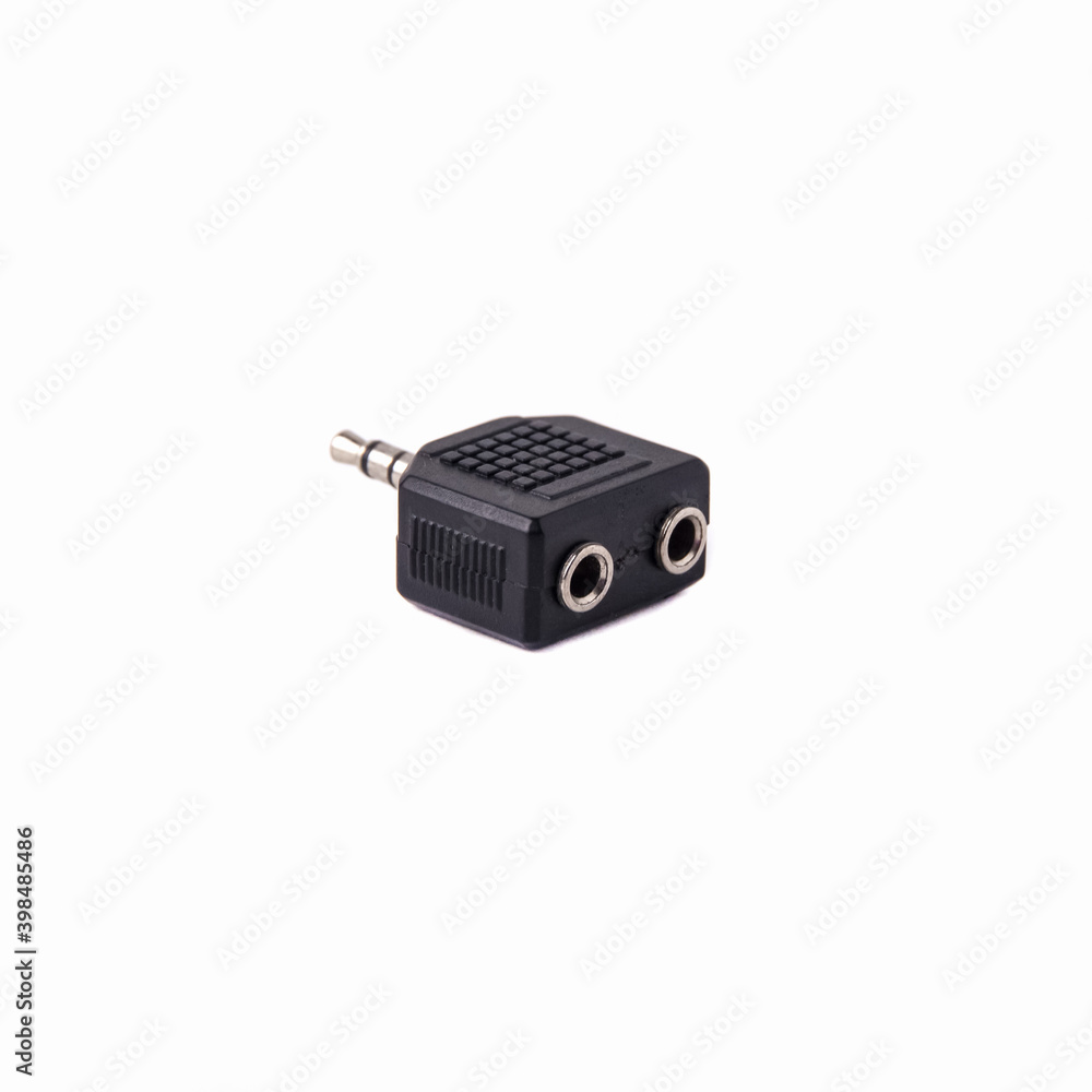Mini Jack adapter with single to double output, isolated on white background. Close up
