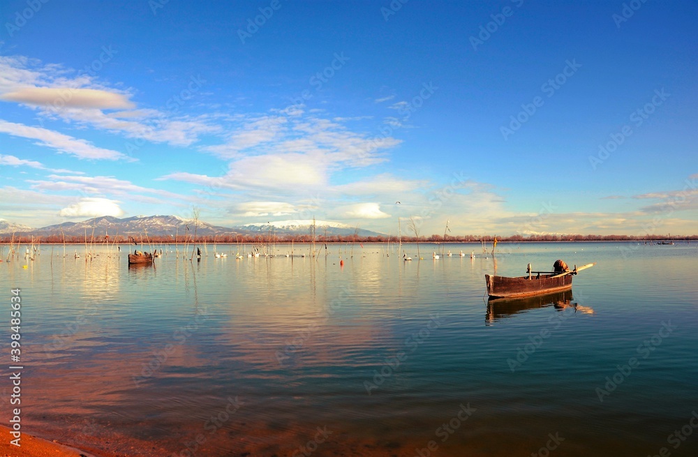 Fishing boat on Kerkini lake, an artificial reservoir located in Northern Greece, about 20km from Greek-Bulgarian border.