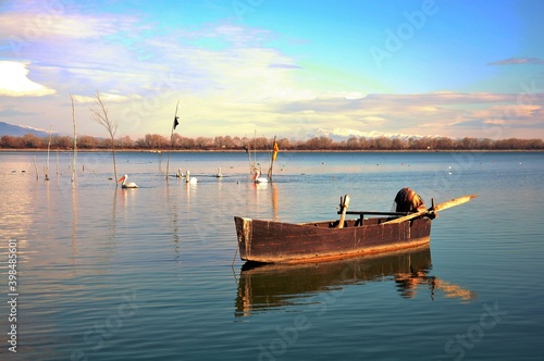 Fishing boat on Kerkini lake, an artificial reservoir located in Northern Greece, about 20km from Greek-Bulgarian border. photo