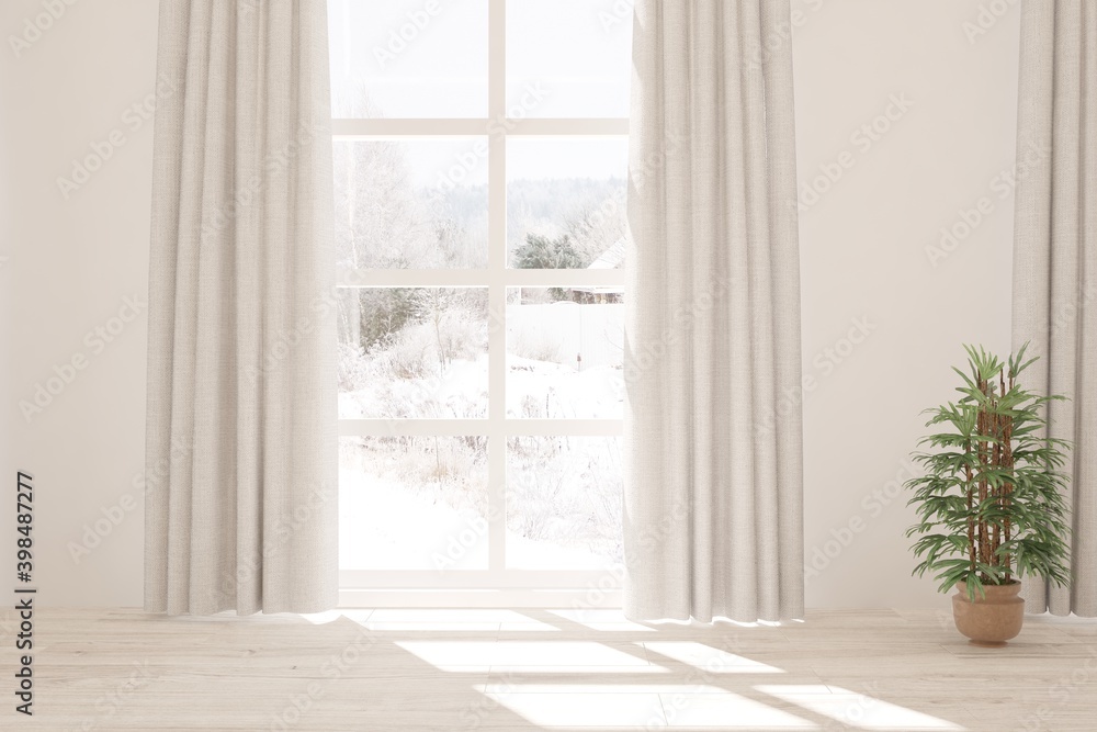 Mock up of empty room in white color with winter landscape in window. Scandinavian interior design. 3D illustration Mock up of empty room in white color with winter landscape in window. Scandinavian interior design. 3D illustration