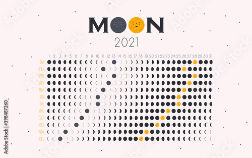 Moon calendar 2021 year. Trendy vector illustration.