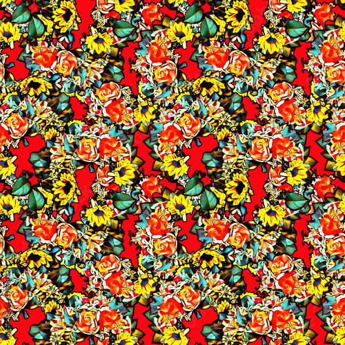 Sunflowers and roses seamless pattern.