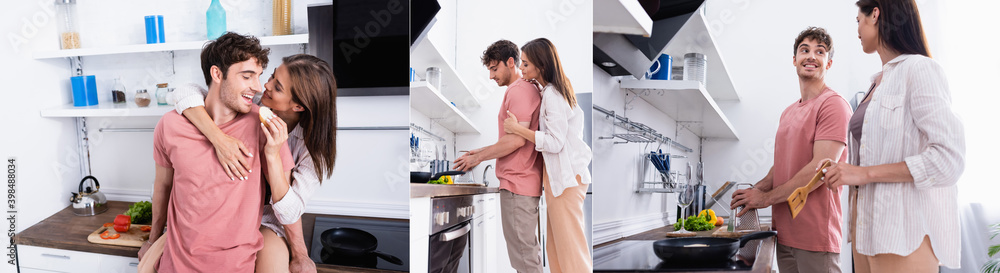 Collage of cheerful couple hugging and cooking in kitchen, banner Collage of cheerful couple hugging and cooking in kitchen, banner