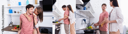 Collage of cheerful couple hugging and cooking in kitchen, banner © LIGHTFIELD STUDIOS