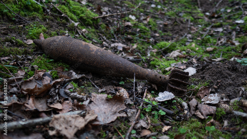 old military bomb in forest with moss old military bomb in forest with moss