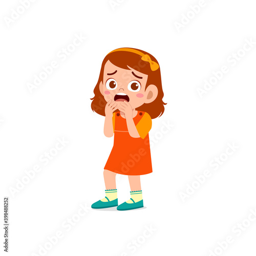 cute little kid girl feeling scared and shocked expression gesture