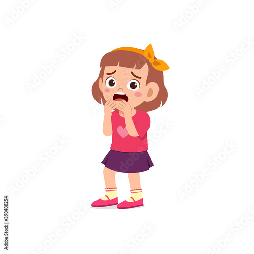 cute little kid girl feeling scared and shocked expression gesture
