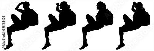 Woman sits down with one foot down and the other bent in her knee. Tired tourist sat down to rest. Girl with a backpack on her back is looking around. Four black silhouettes are isolated on a white.