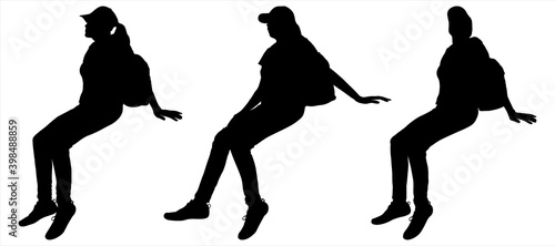 Woman sits, leans on her hand. Tired tourist sat down to rest. Girl in a baseball cap with a backpack behind her back looks around. Three black female silhouettes are isolated on a white background.