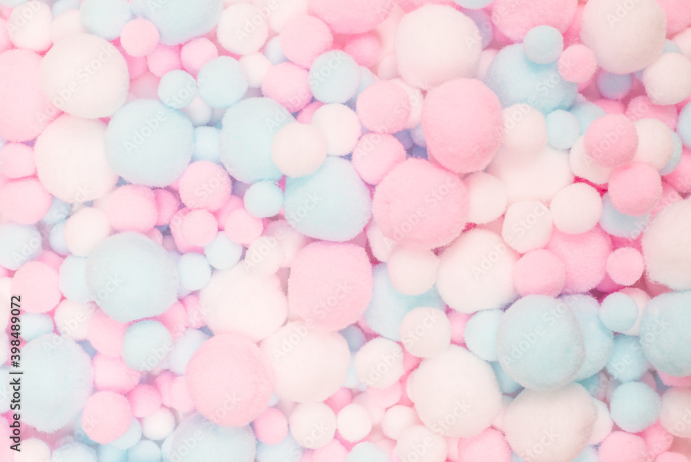 White, pink and blue soft pompons. White, pink and blue soft pompons.