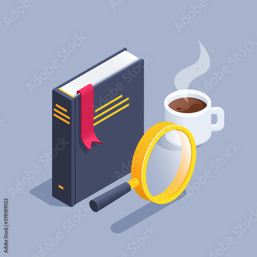 isometric vector illustration on gray background, book with red bookmark next to coffee cup and magnifying glass, bookstore
