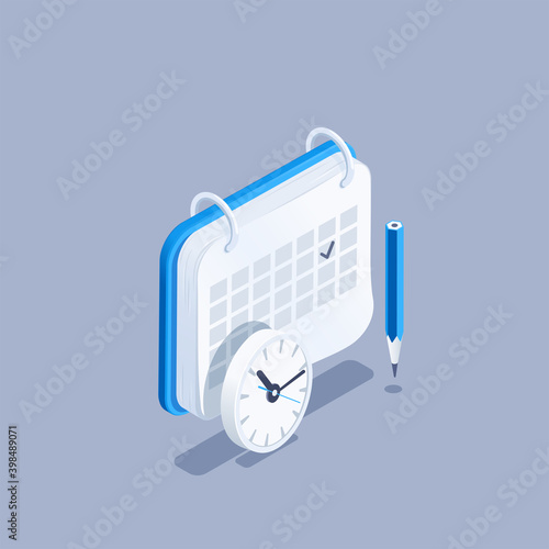 isometric vector illustration on gray background, calendar with pencil and clock, business note