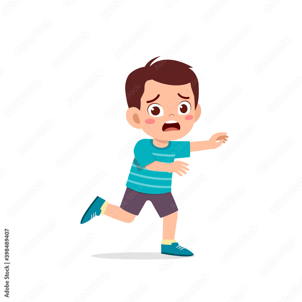 cute little kid boy scared and run expression gesture