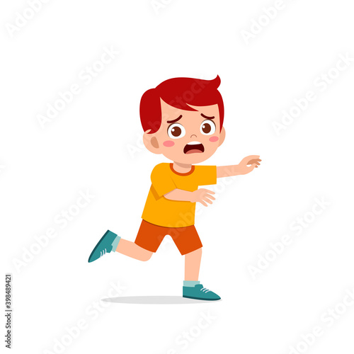 cute little kid boy scared and run expression gesture