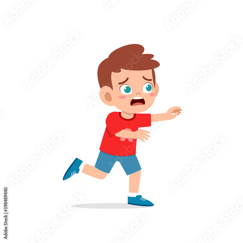cute little kid boy scared and run expression gesture