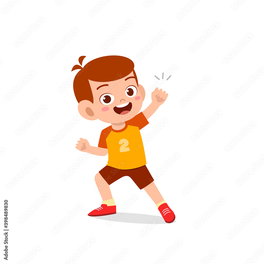 cute little kid boy show win fist up expression gesture