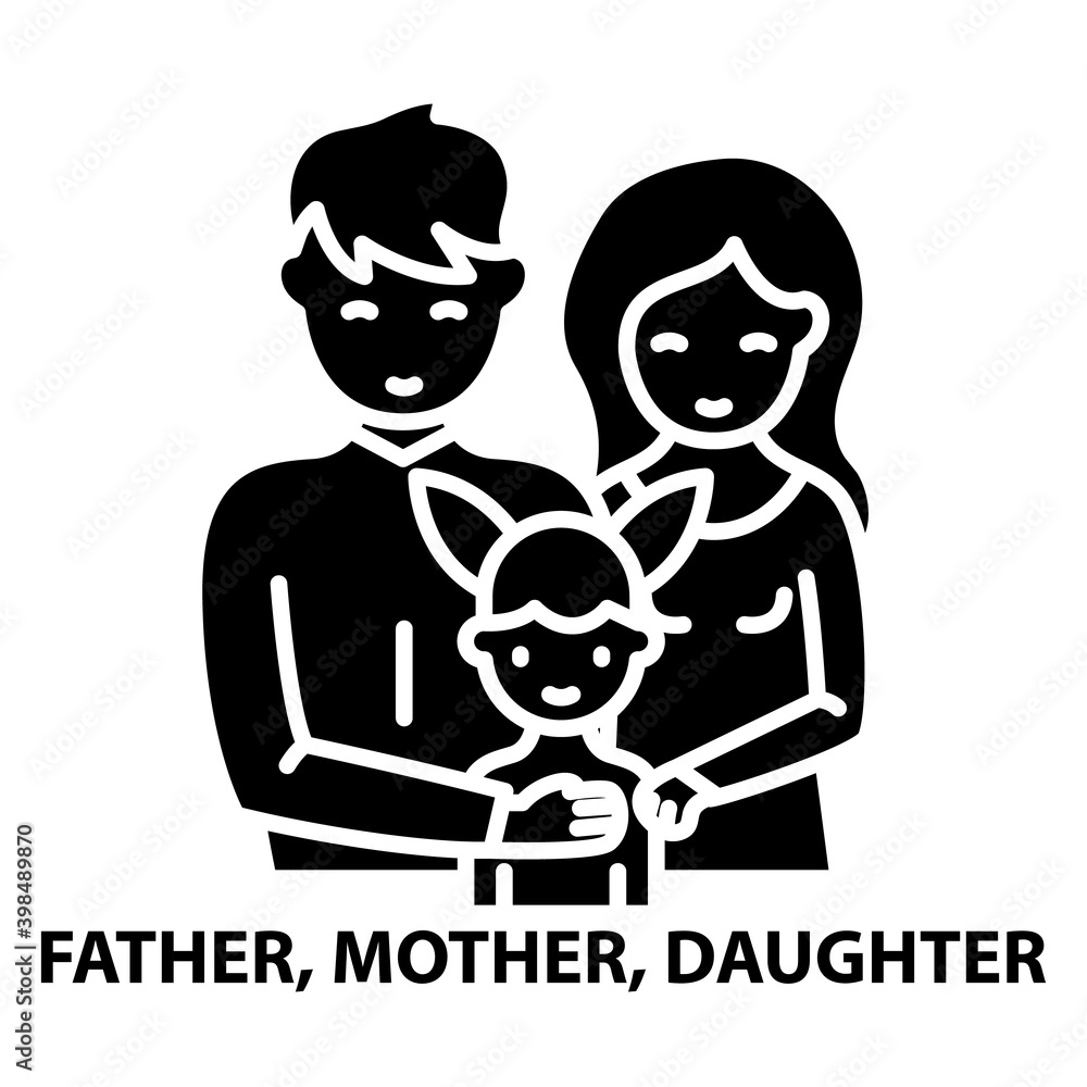 father, mother and daughter icon, black vector sign with editable strokes, concept illustration father, mother and daughter icon, black vector sign with editable strokes, concept illustration